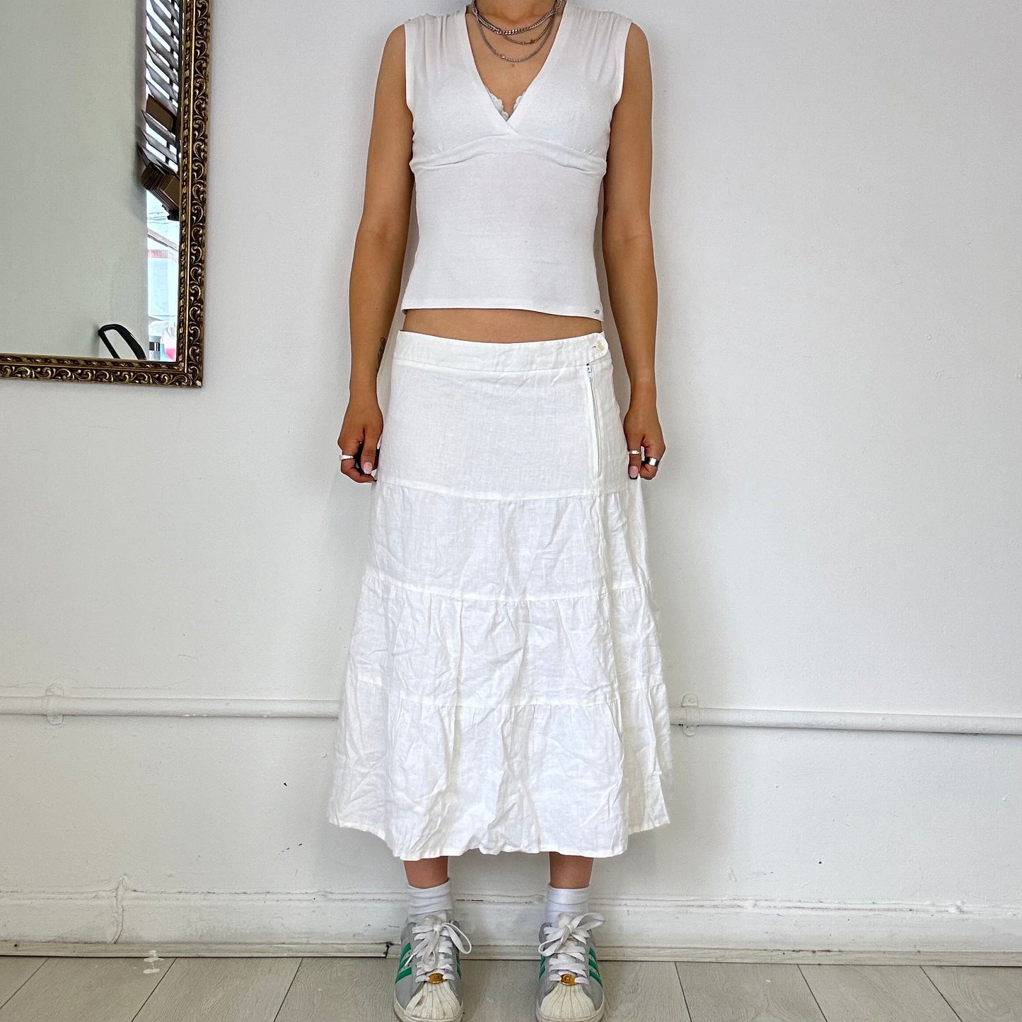 white tiered midi skirt