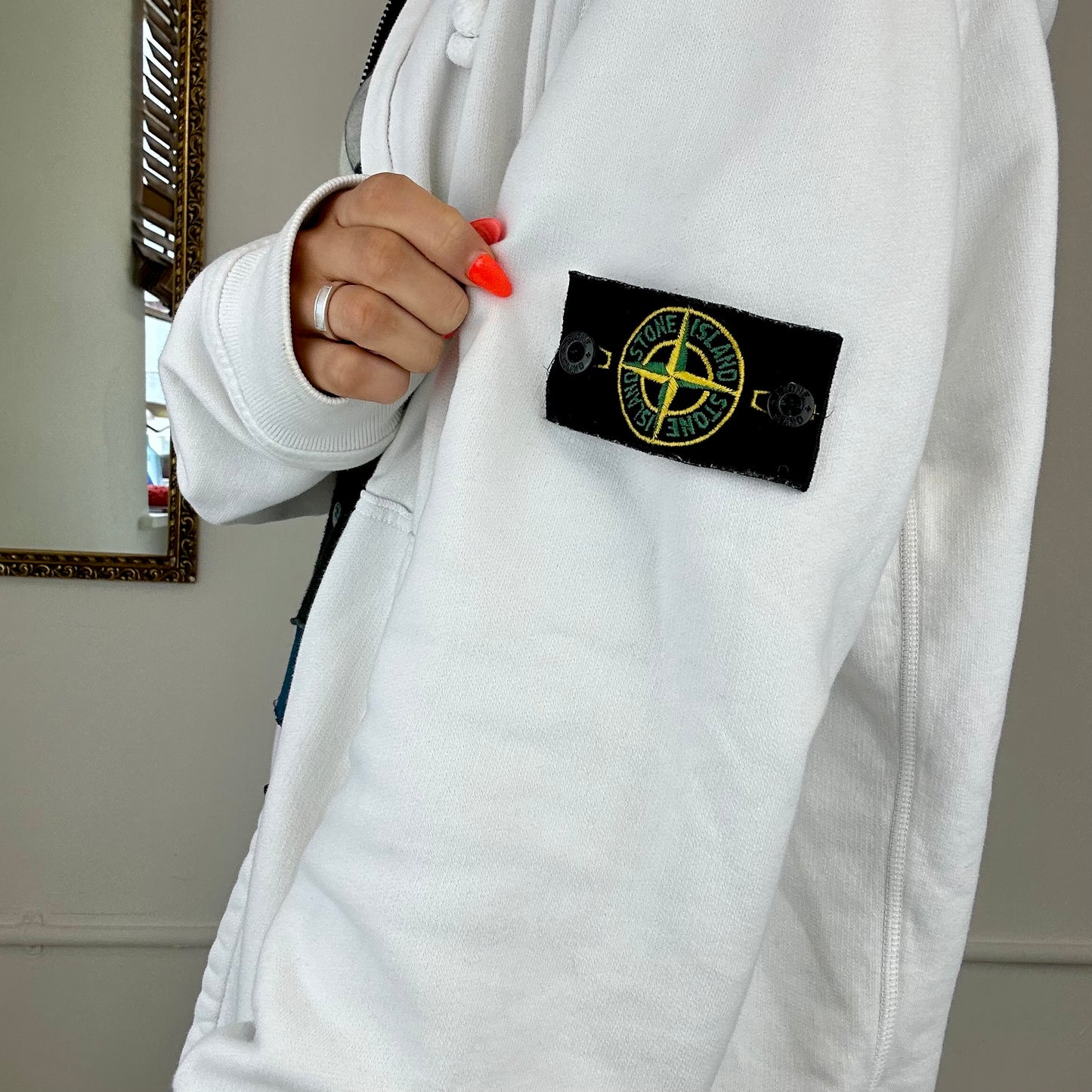 stone island white zip up hoodie