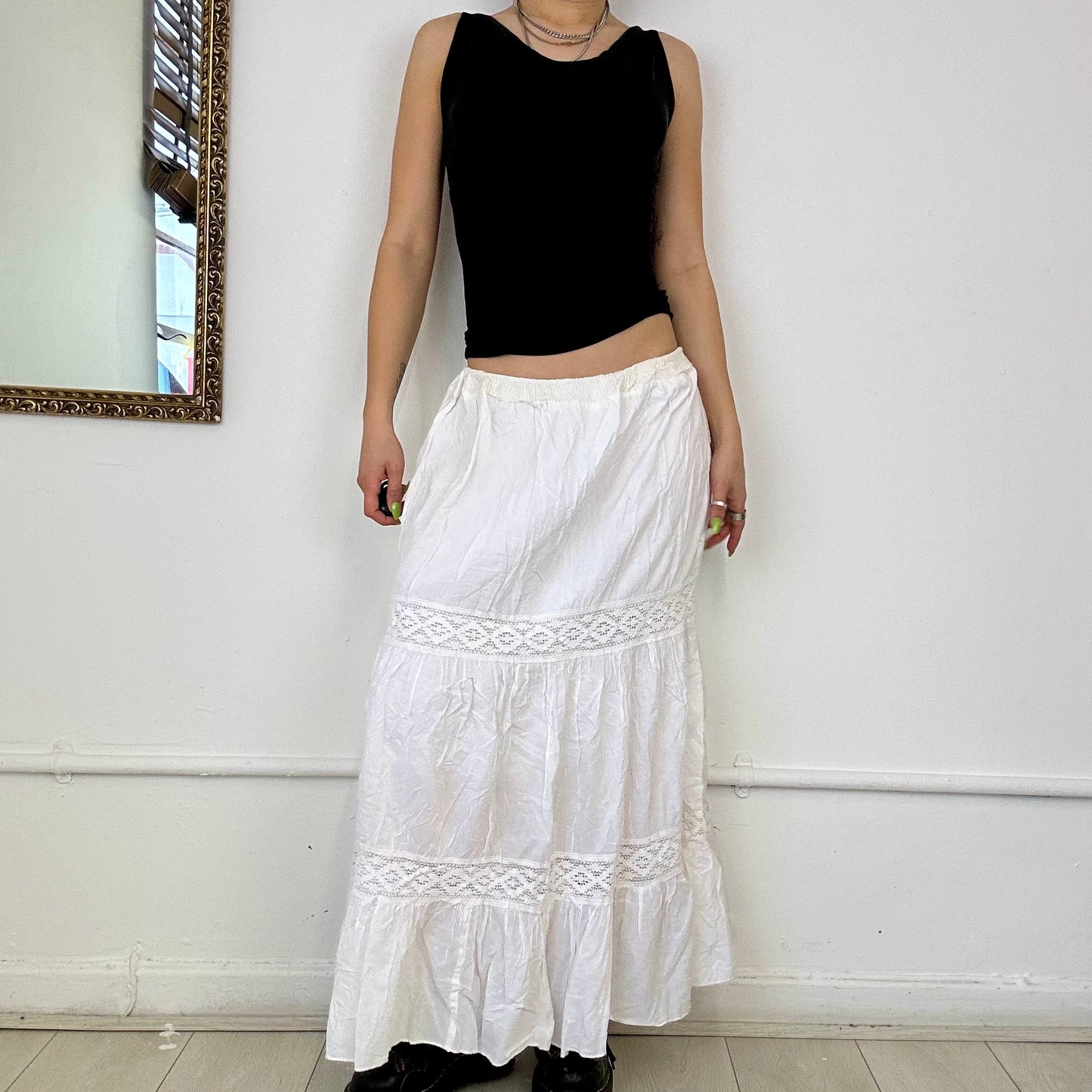 white tiered maxi skirt