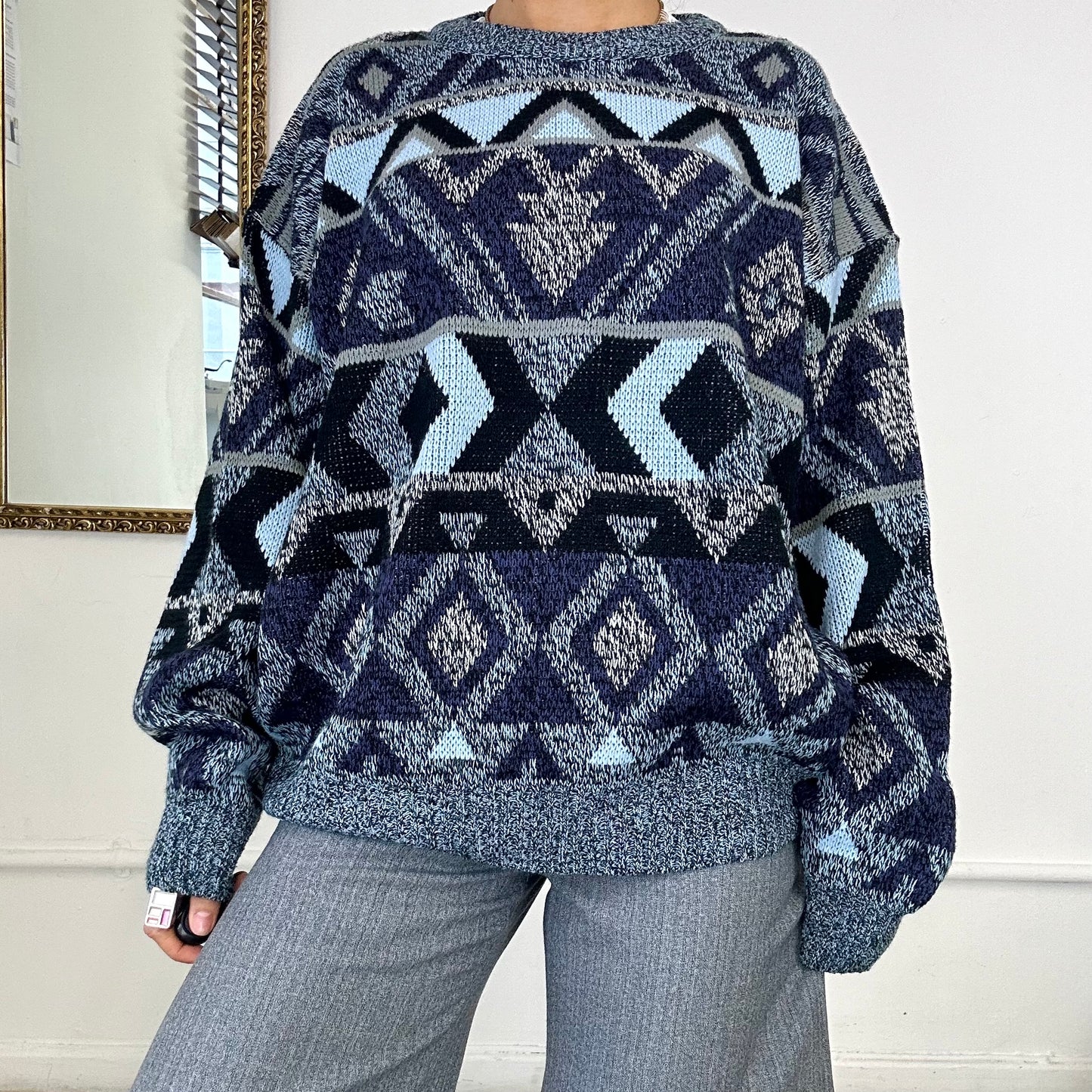 blue patterned knit jumper