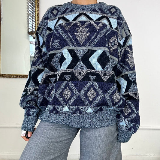 blue patterned knit jumper