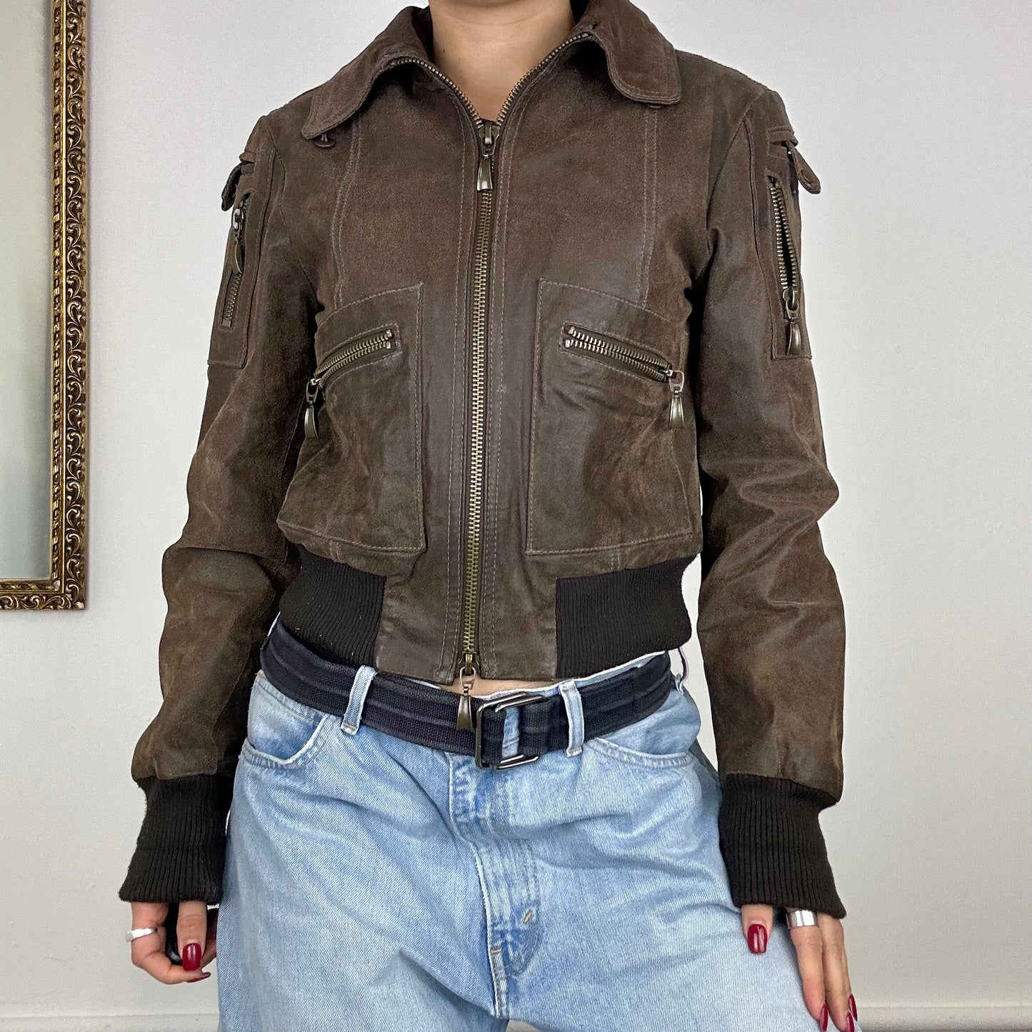 vintage brown leather bomber jacket