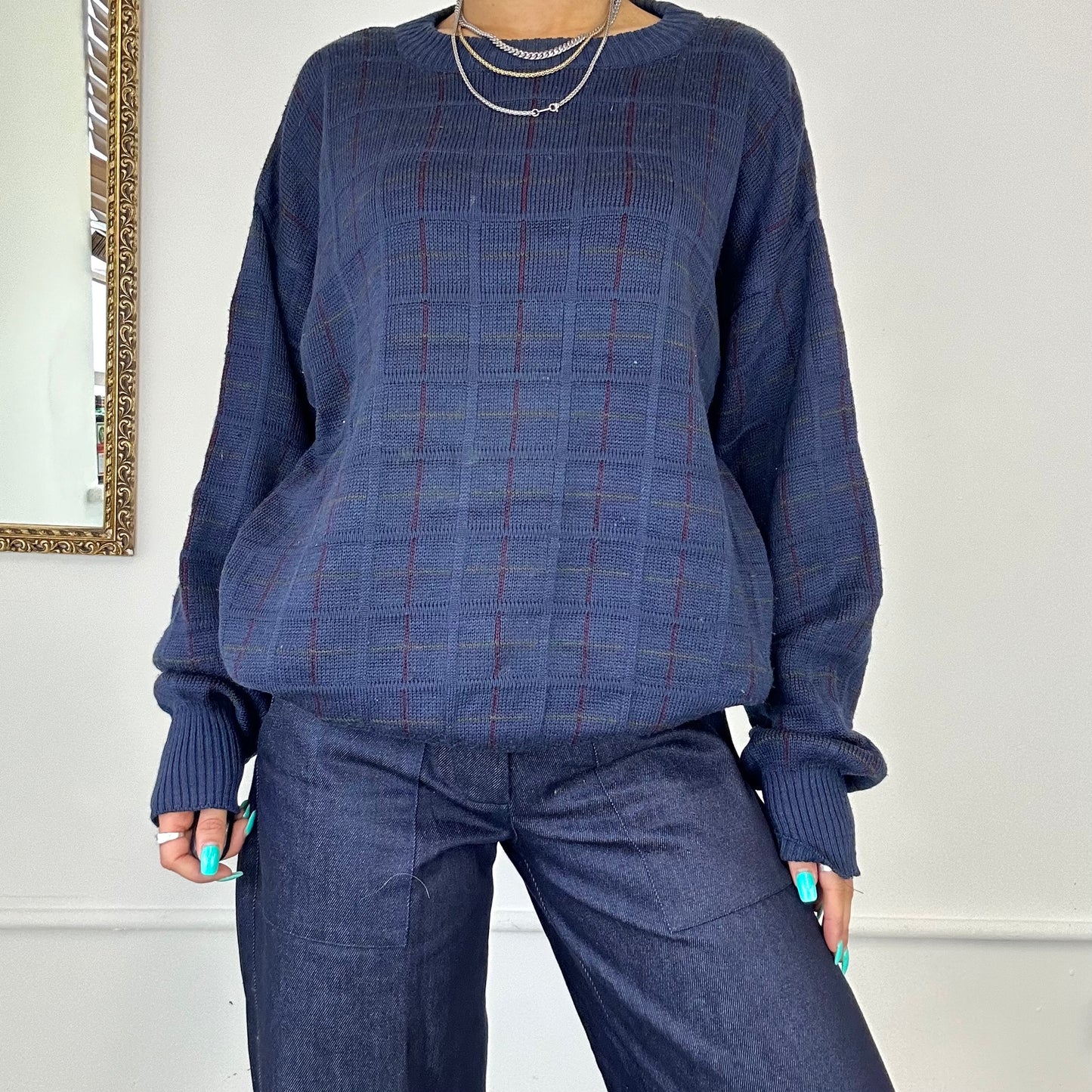 vintage navy checked knit jumper