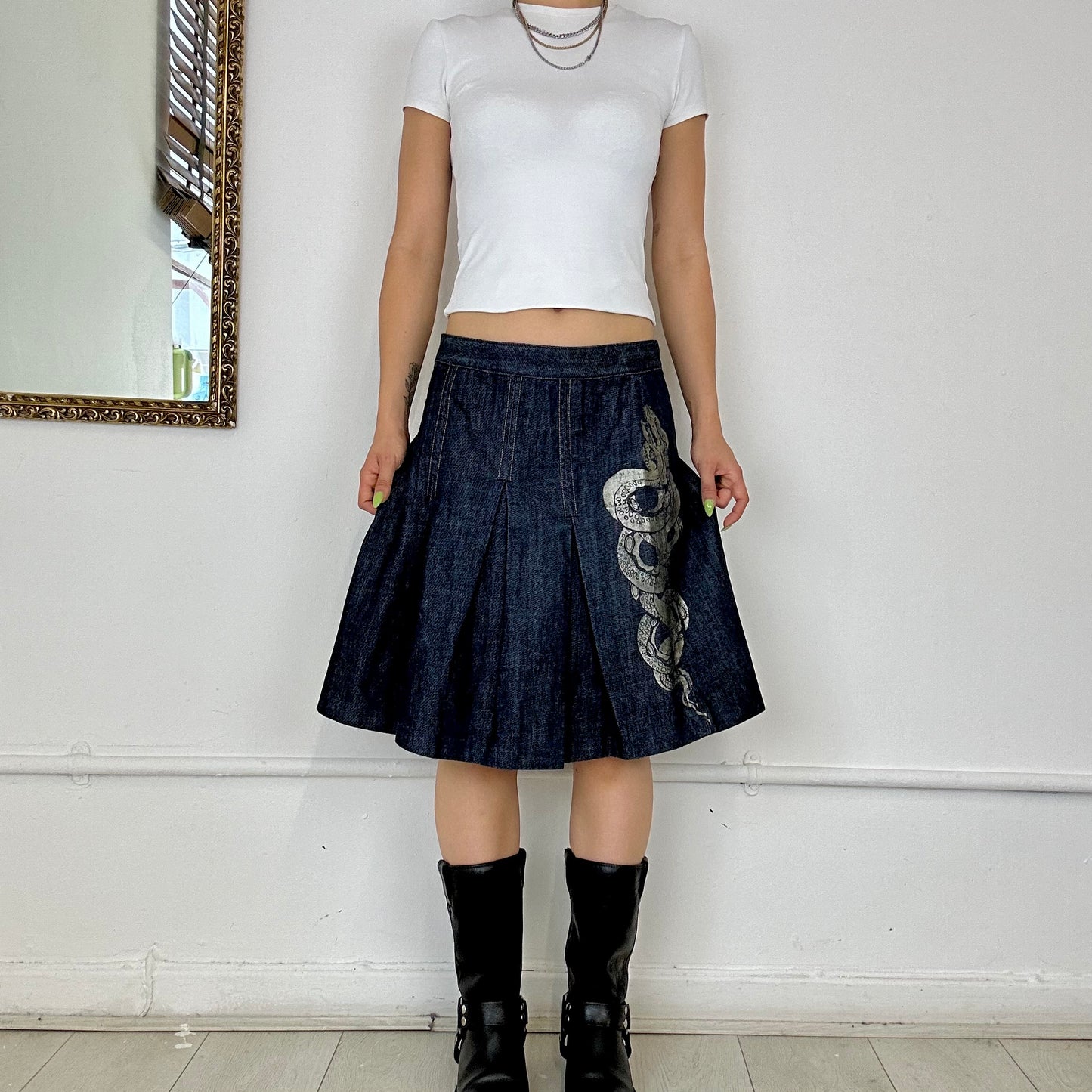 pleated navy denim midi skirt