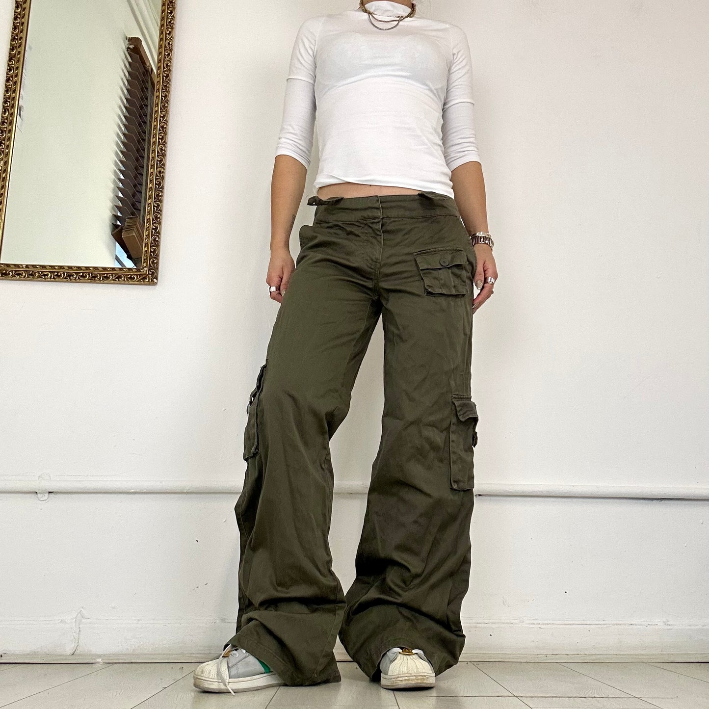 2000'S fishbone khaki wide leg trousers