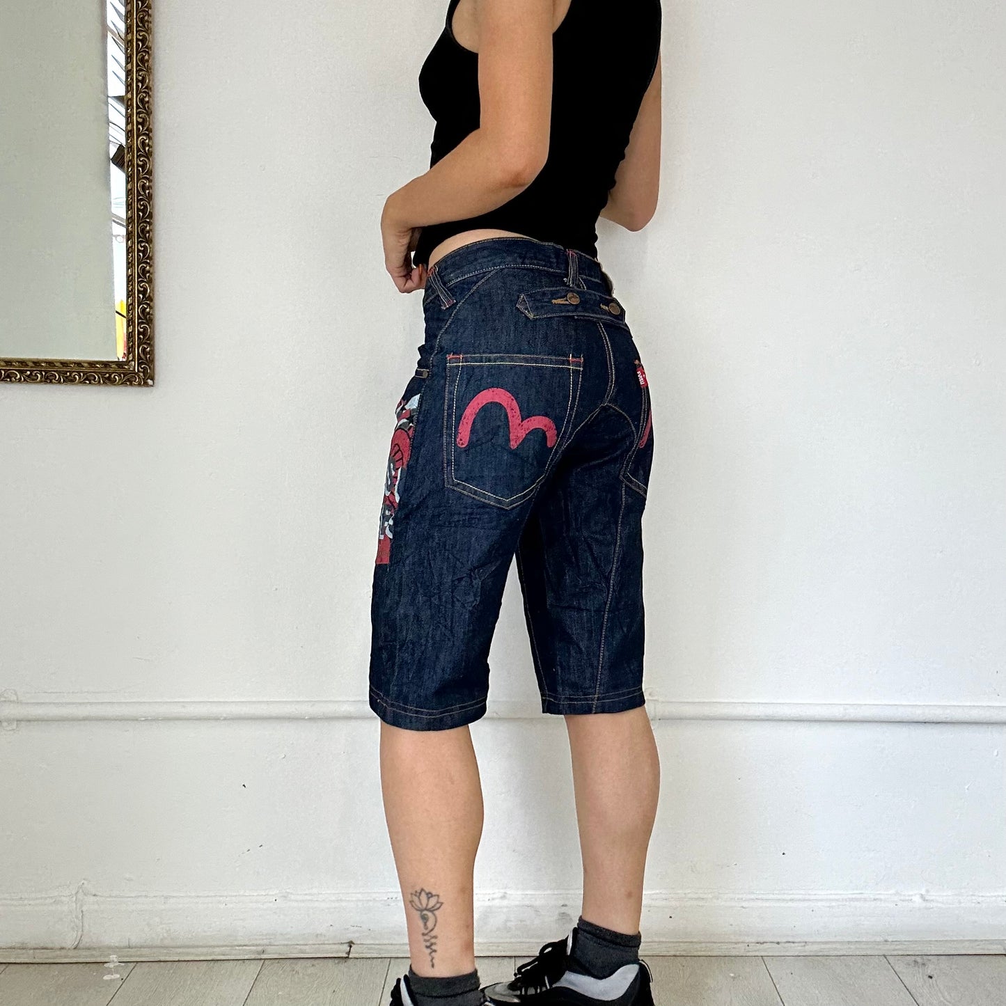 dark wash evisu denim shorts