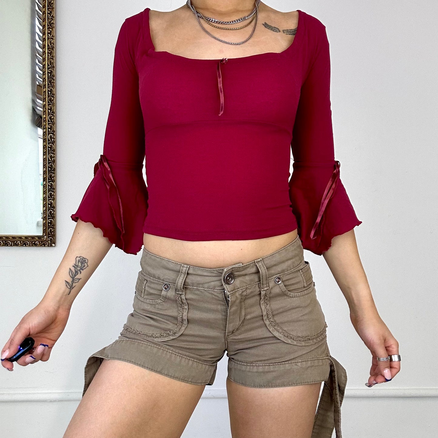 00's maroon flared long sleeve top