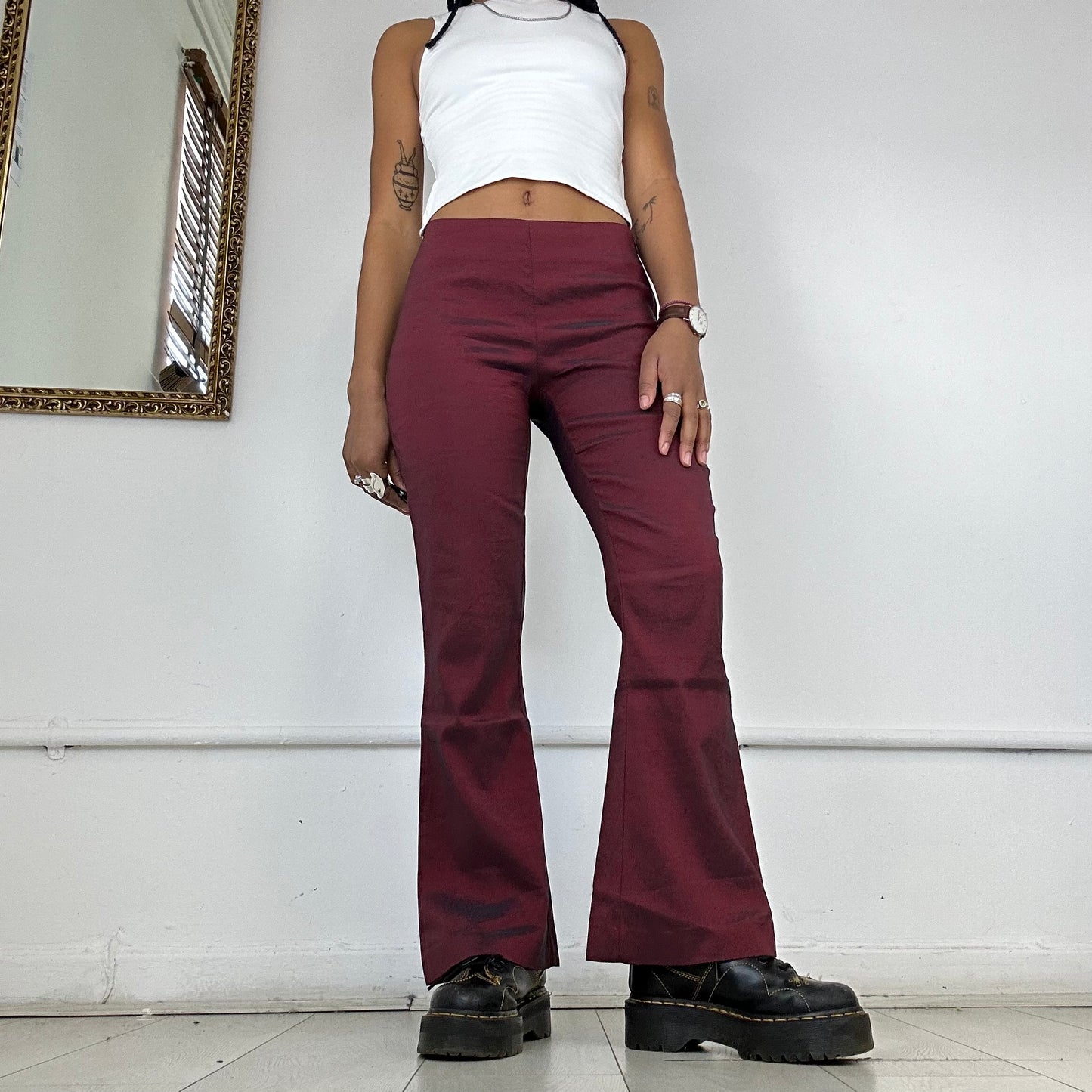 90’s pimkie red iridescent flared trousers