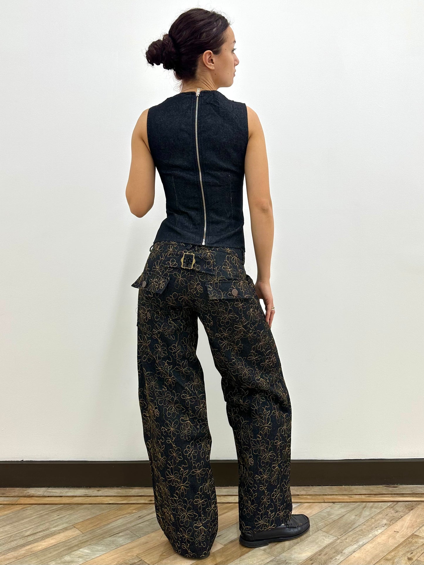 the slouch in reverse embroidered charcoal denim