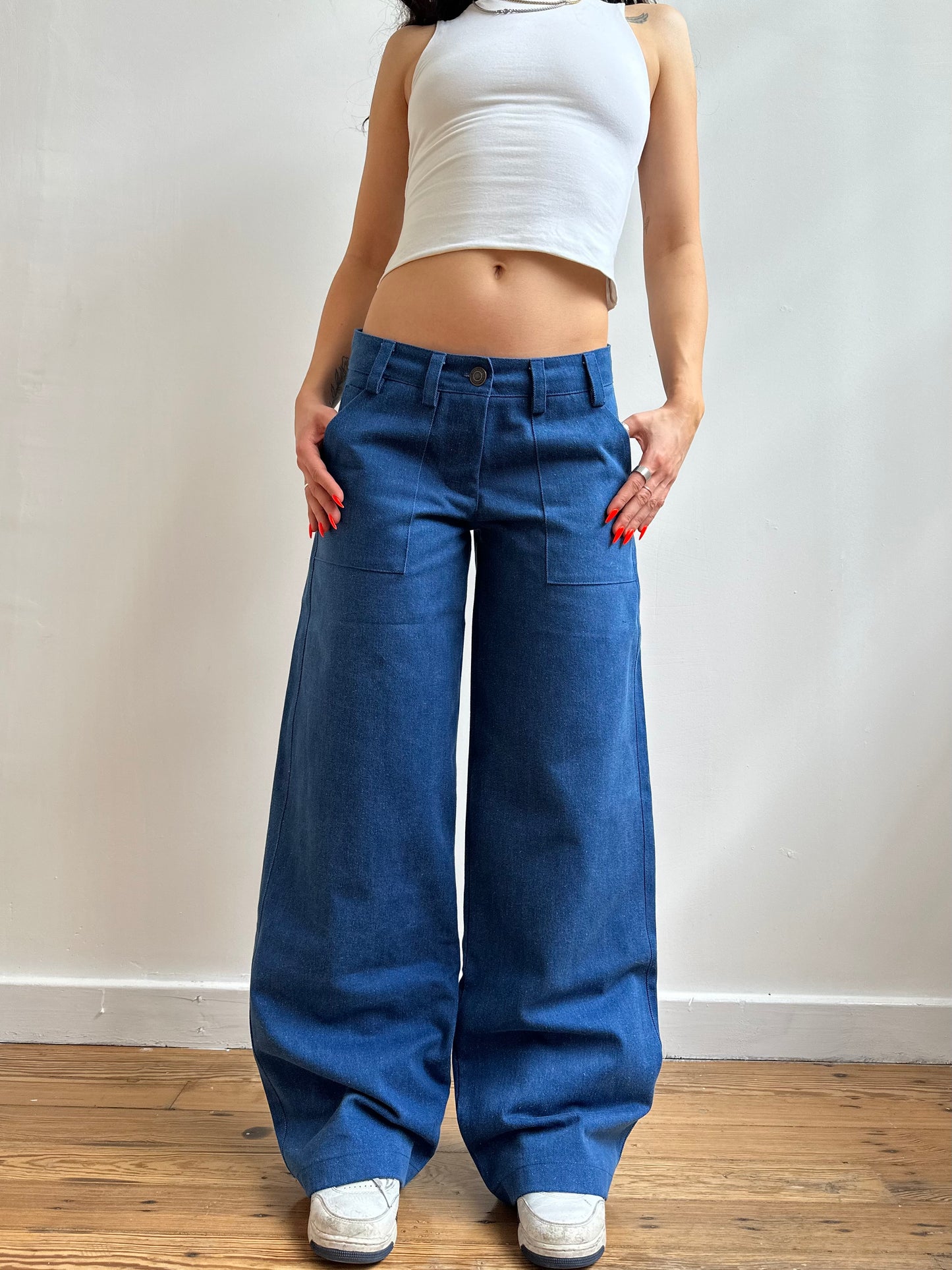 the slouch in mid wash denim