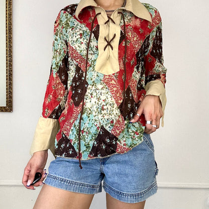 2000's patterned lace up shirt