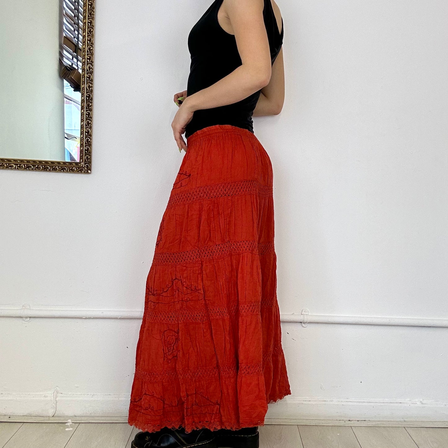 burnt orange 2000's tiered maxi skirt