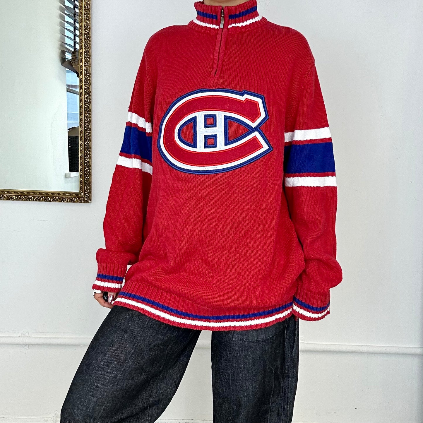 red hockey jersey quarter zip knitted jumper