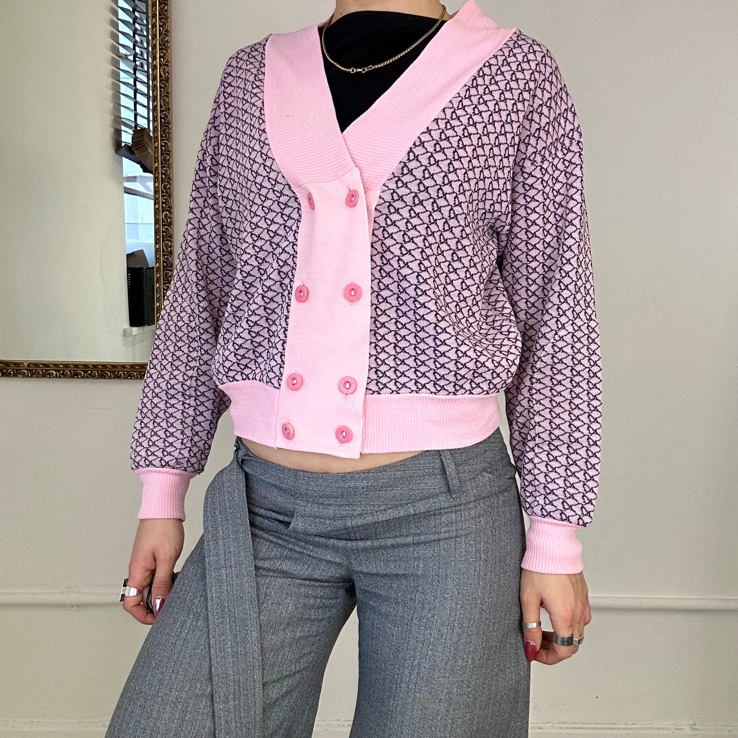 vintage adidas pink geometric button up cardigan