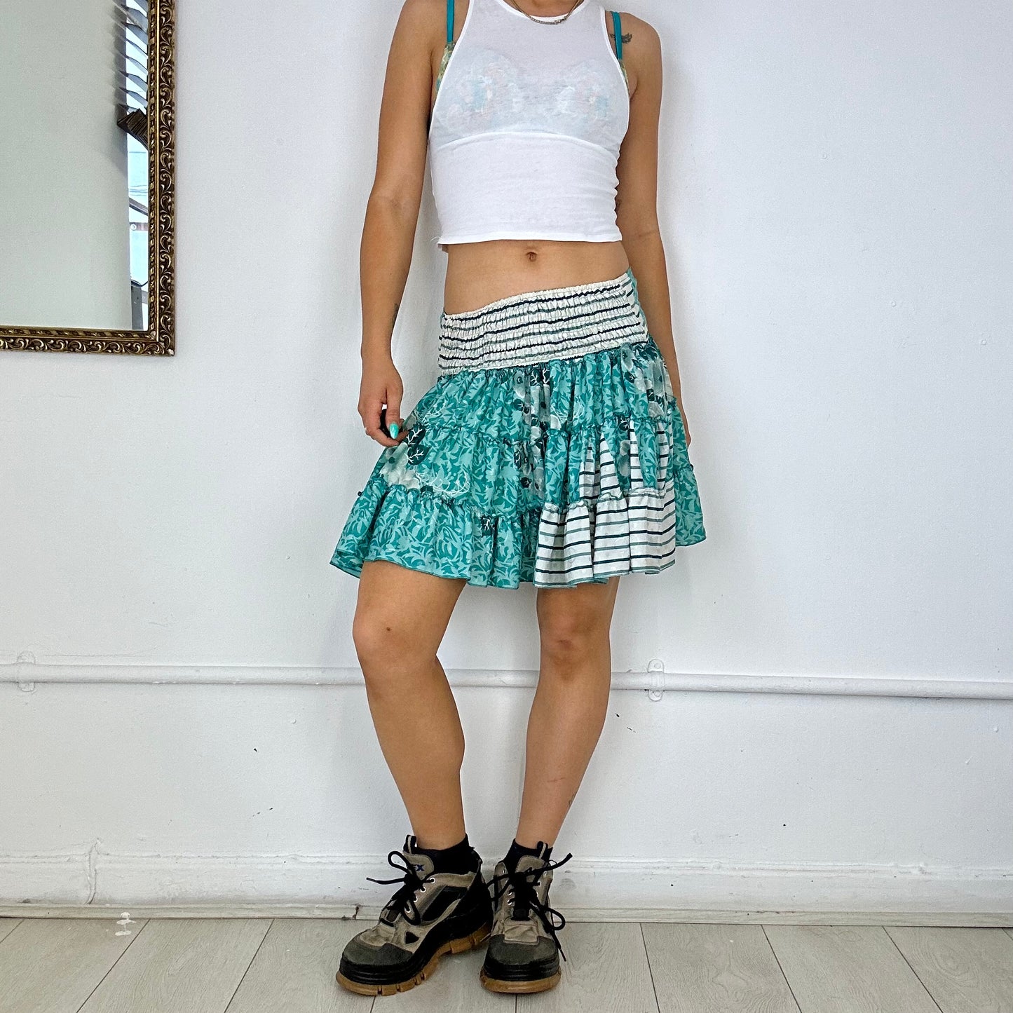 turqoise patterned flowy mini skirt