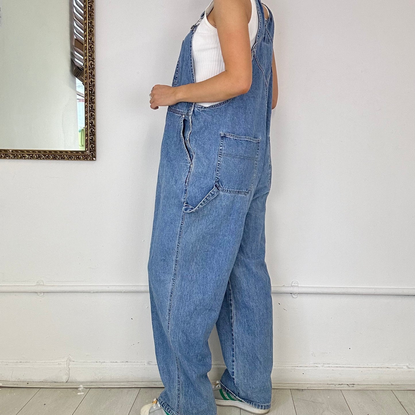 baggy light wash denim cargo dungarees