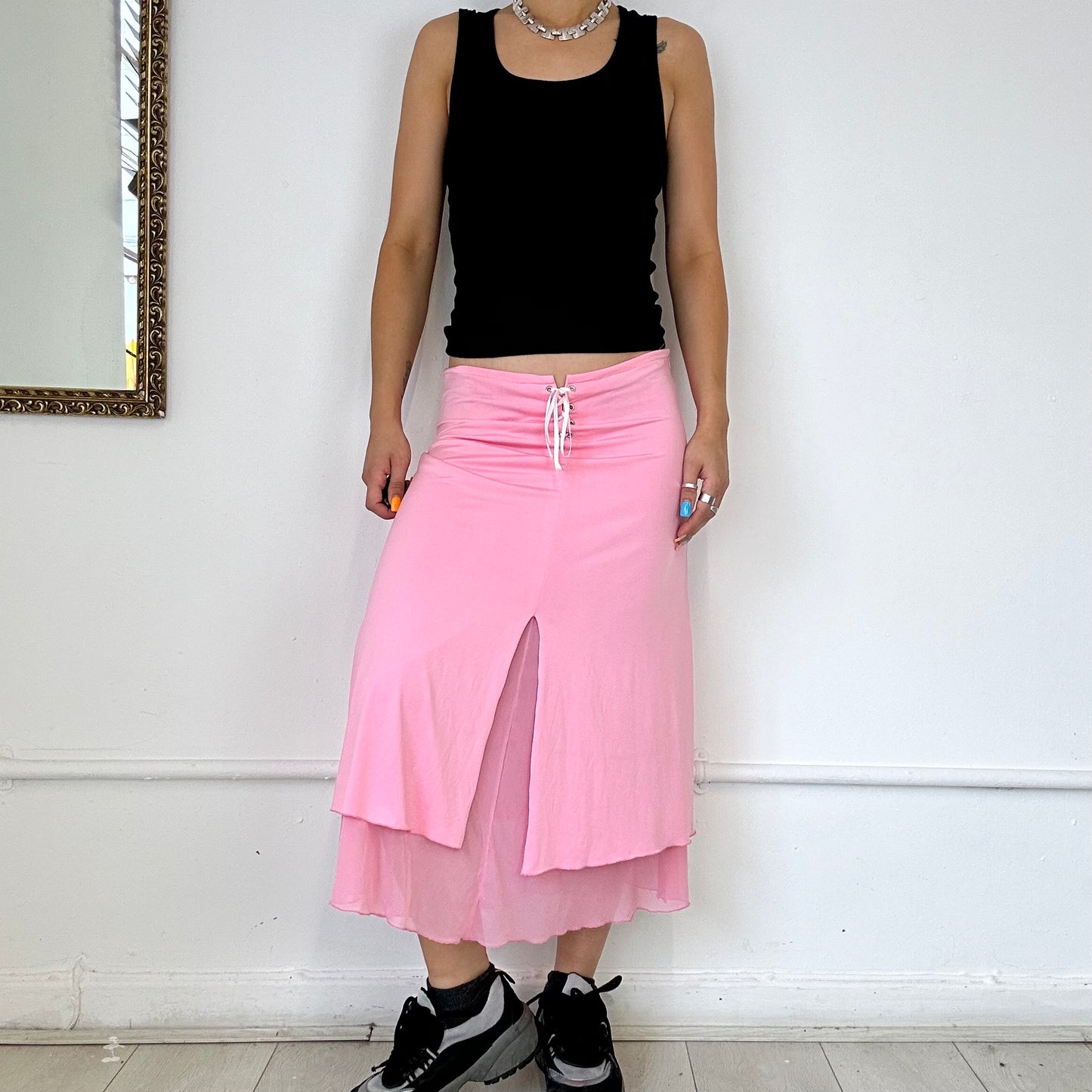 pink flowy midi skirt