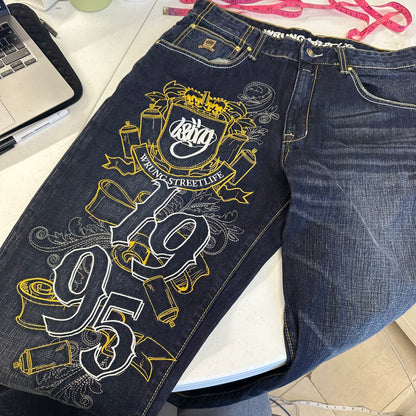 90's embroidered skate jeans by wrung