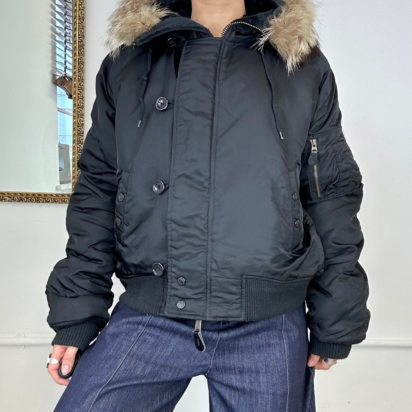 2000's black bomber with faux fur hood