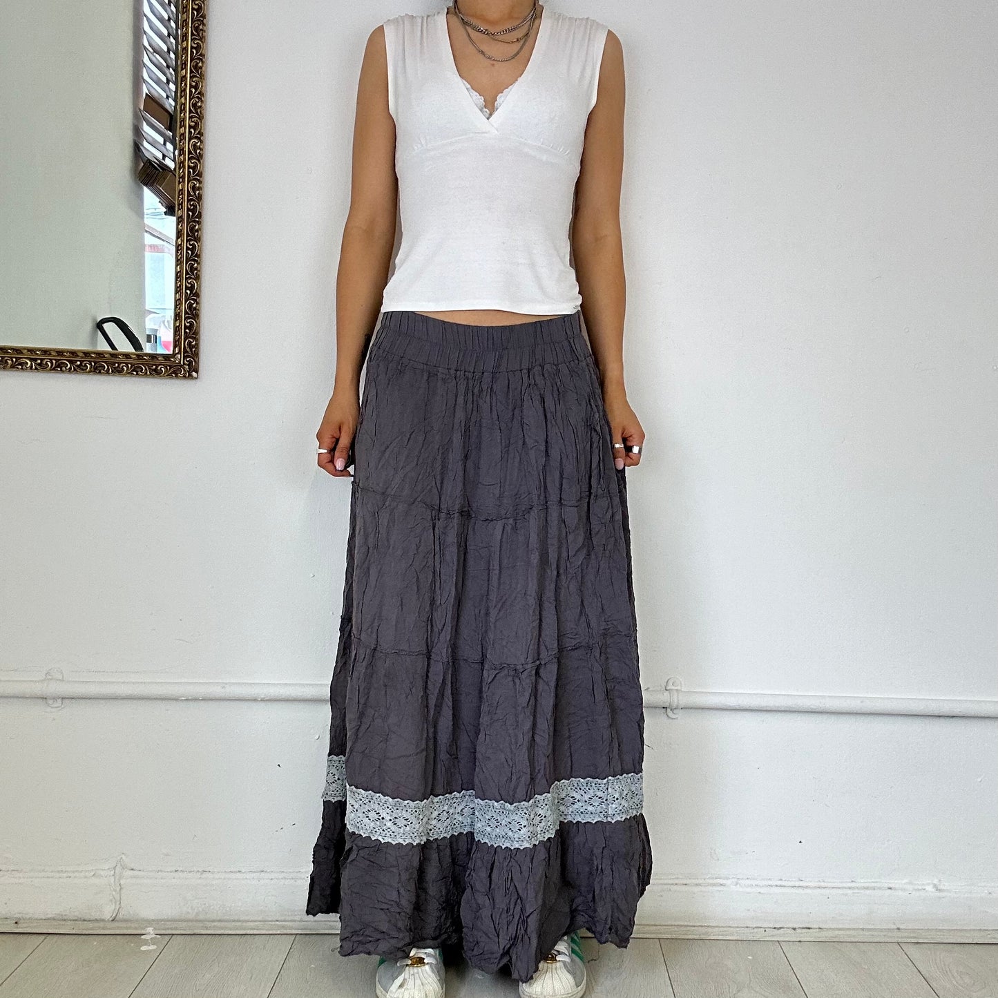 grey tiered flowy maxi skirt