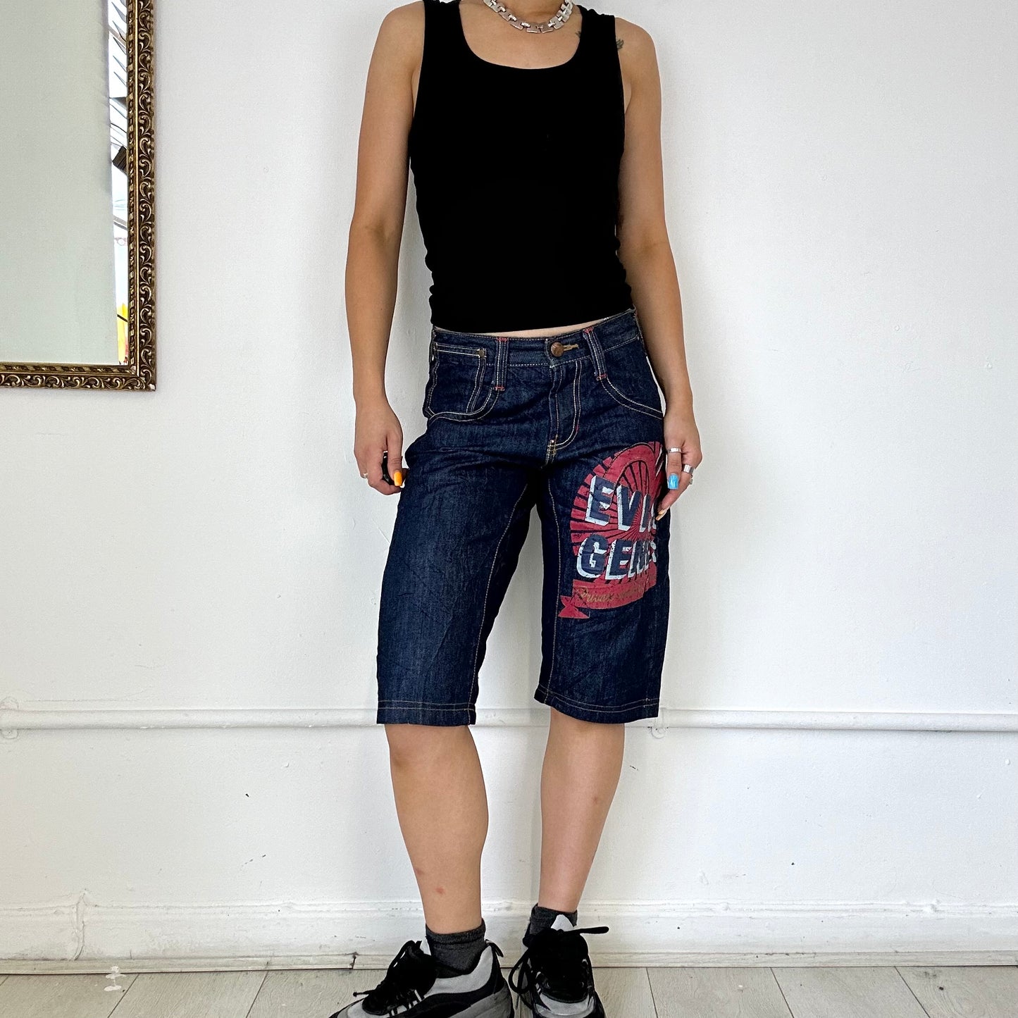 dark wash evisu denim shorts