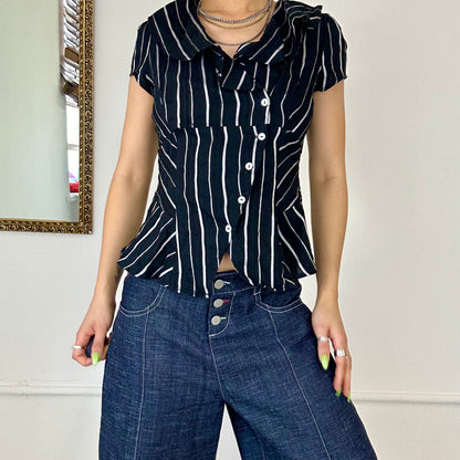 striped asymmetric button up blouse