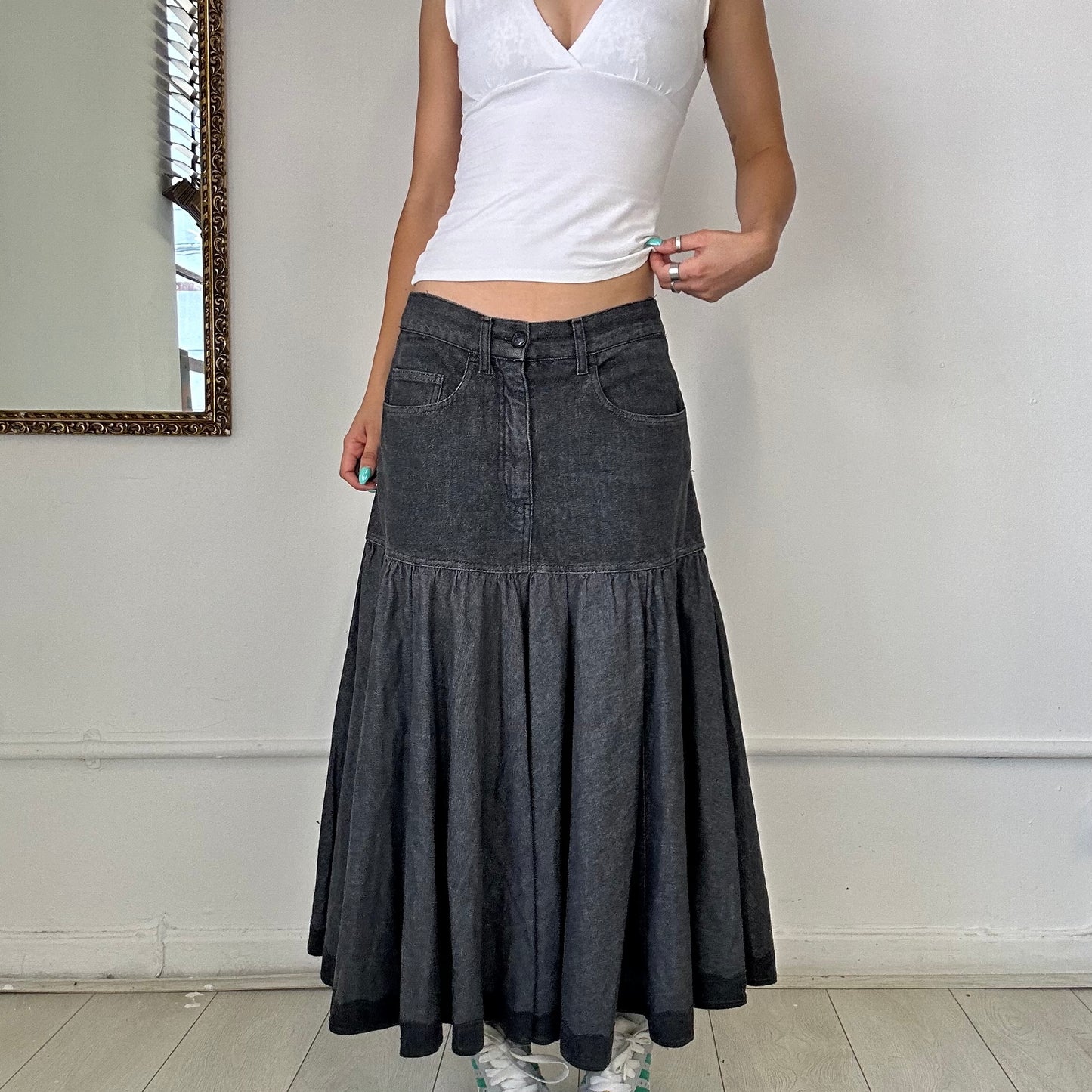 vintage moschino grey denim maxi midi skirt