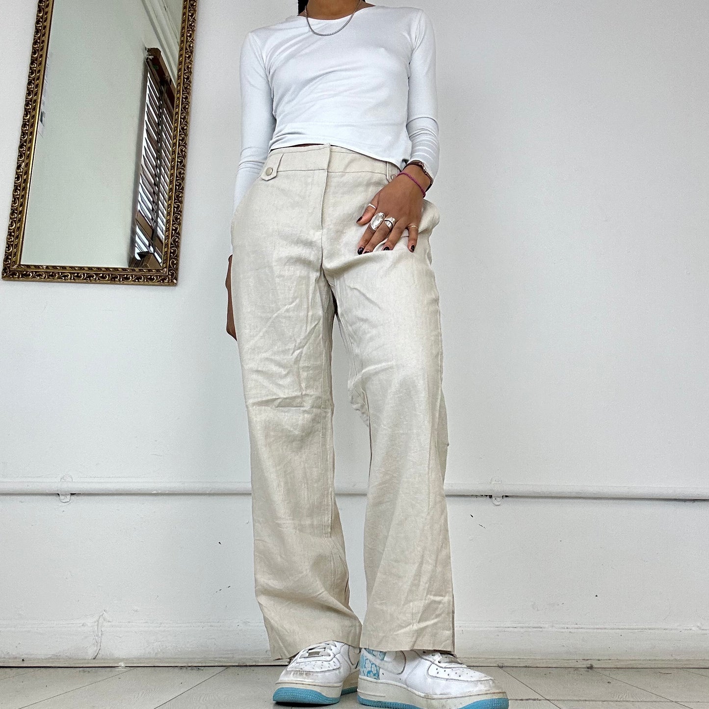 beige linen trousers