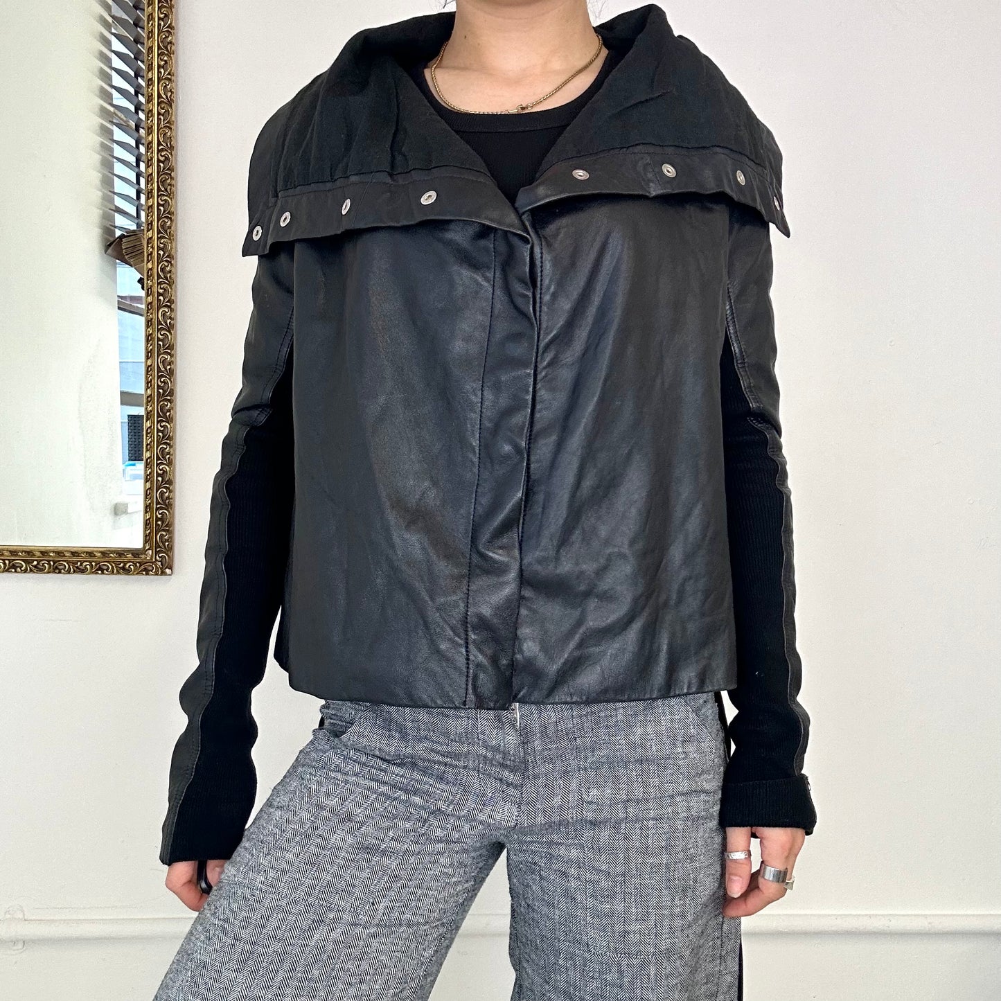 vintage black asymmetric leather jacket