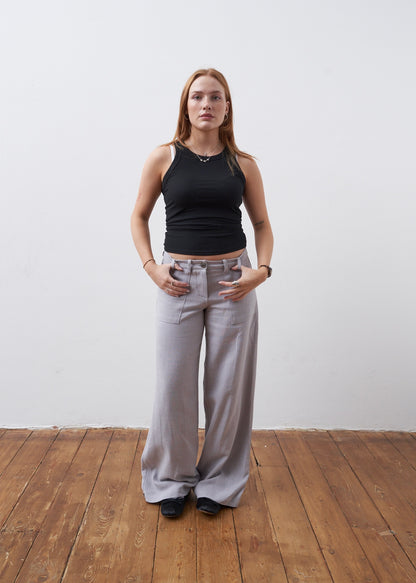 the slouch in grey linen