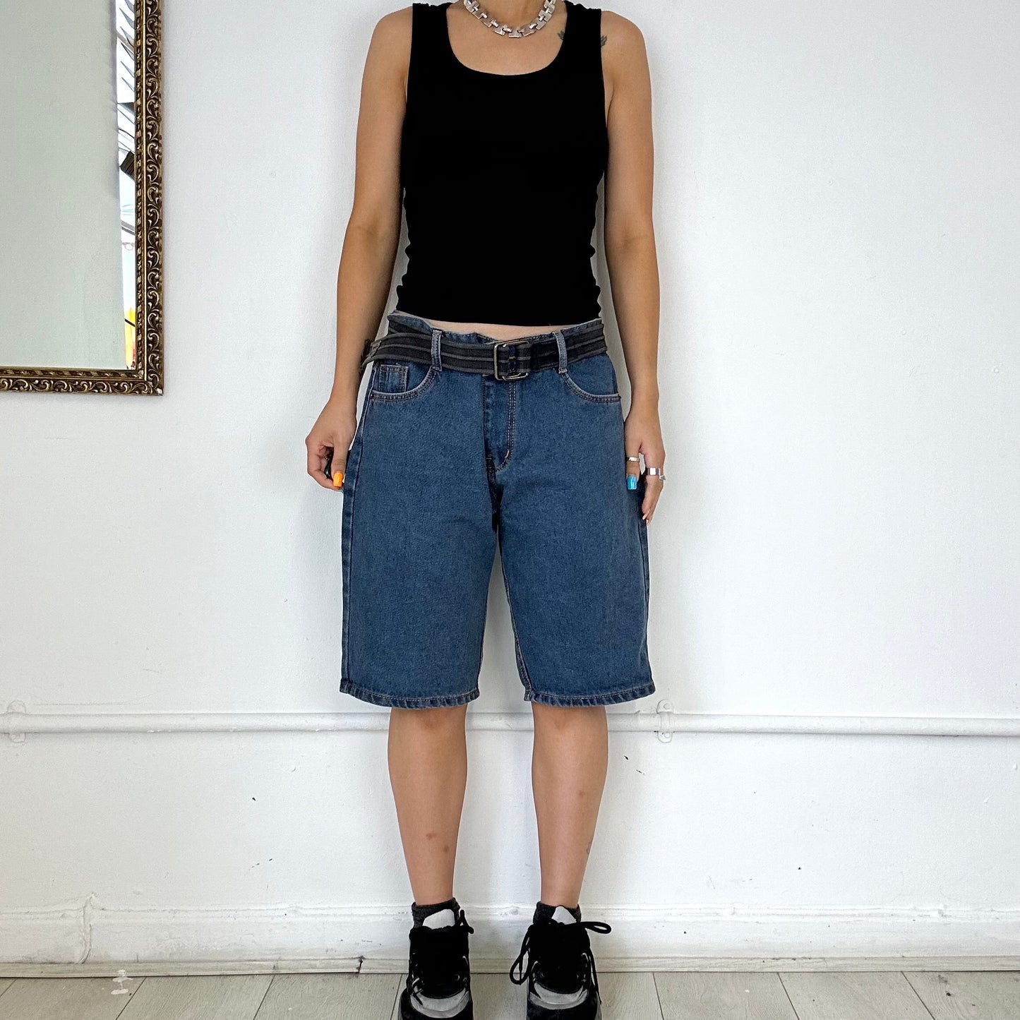 baggy dark wash denim shorts