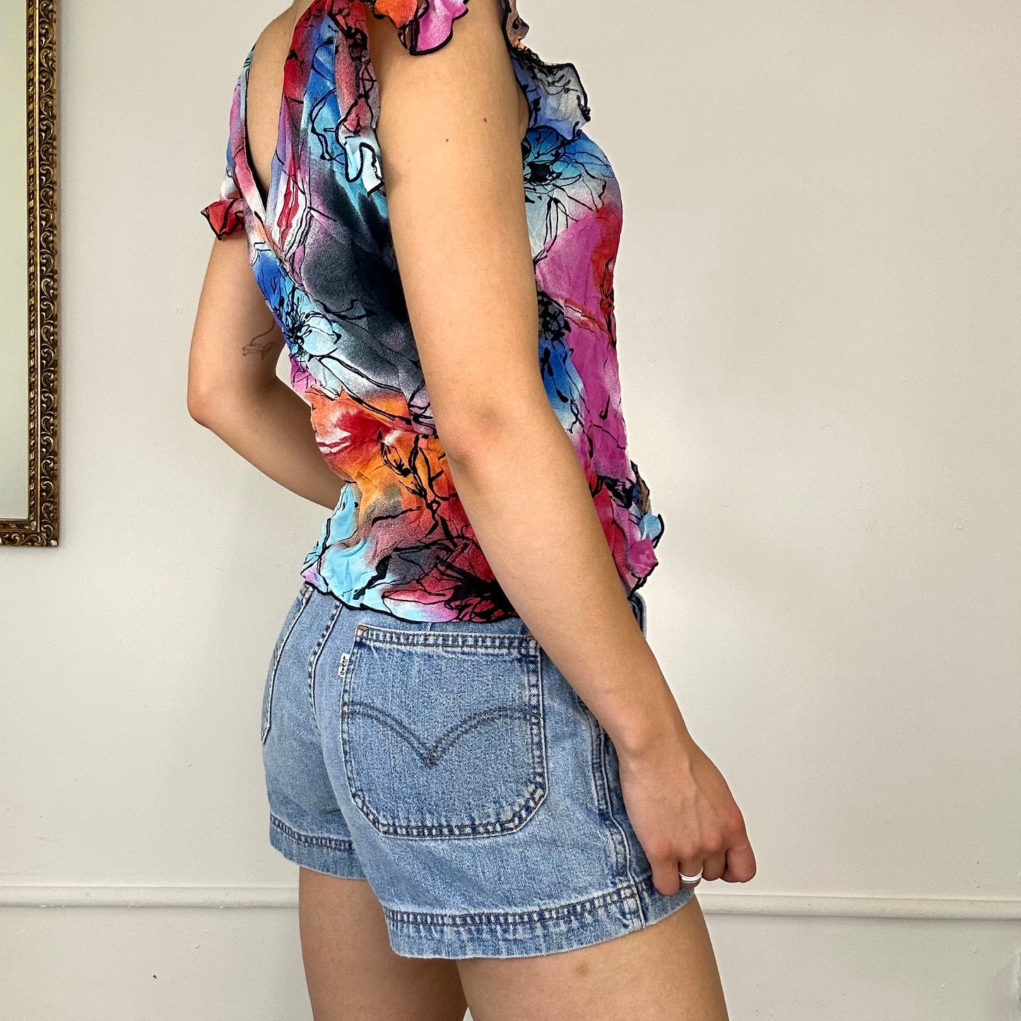 2000's colourful ruched floral blouse