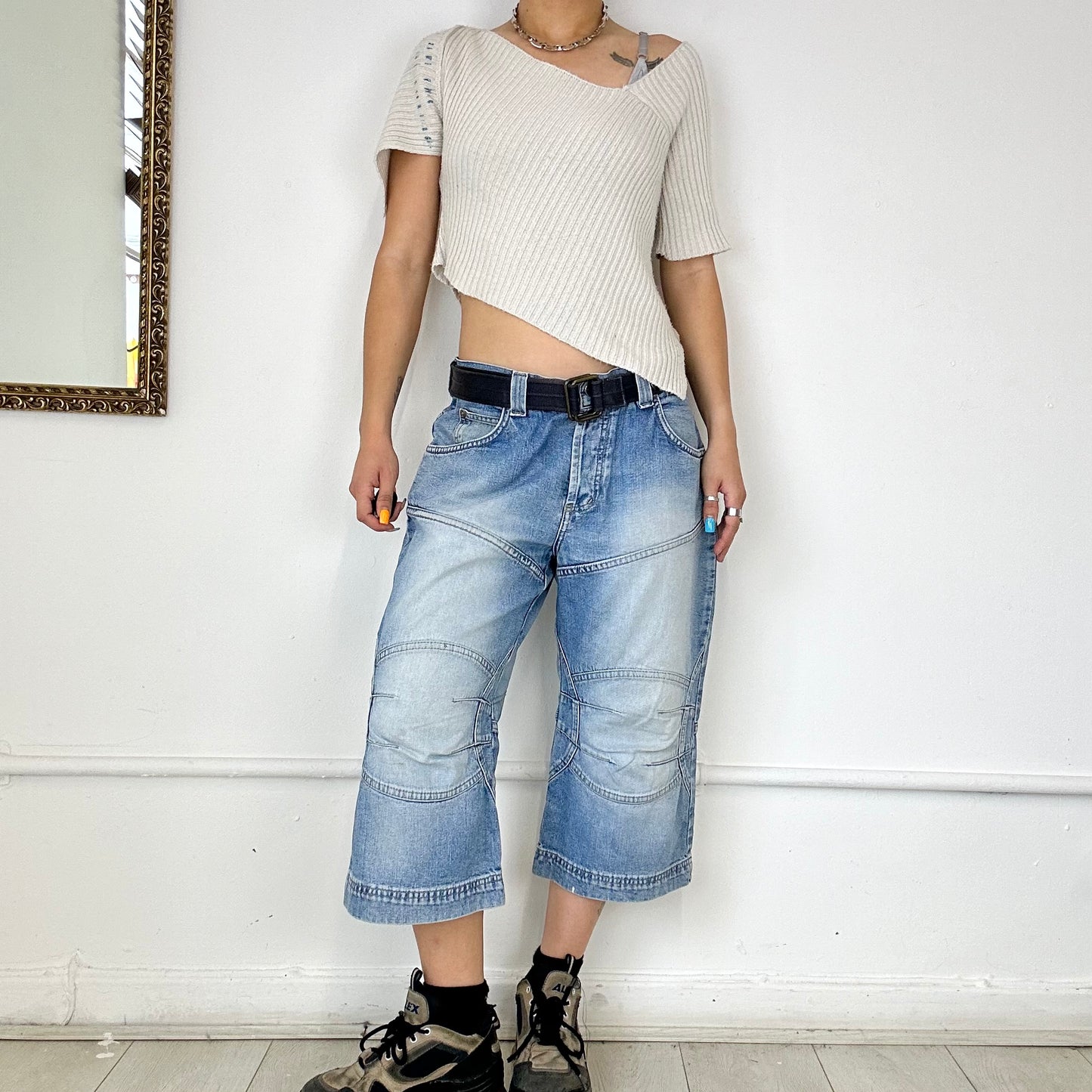 light wash long denim shorts