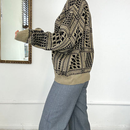 brown lambs wool patterned knitted jumper