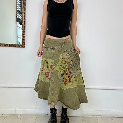 khaki asymmetric midi skirt