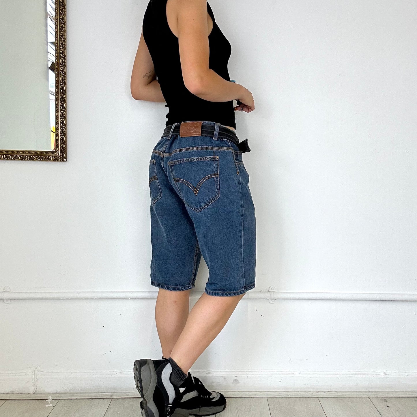 baggy dark wash denim shorts