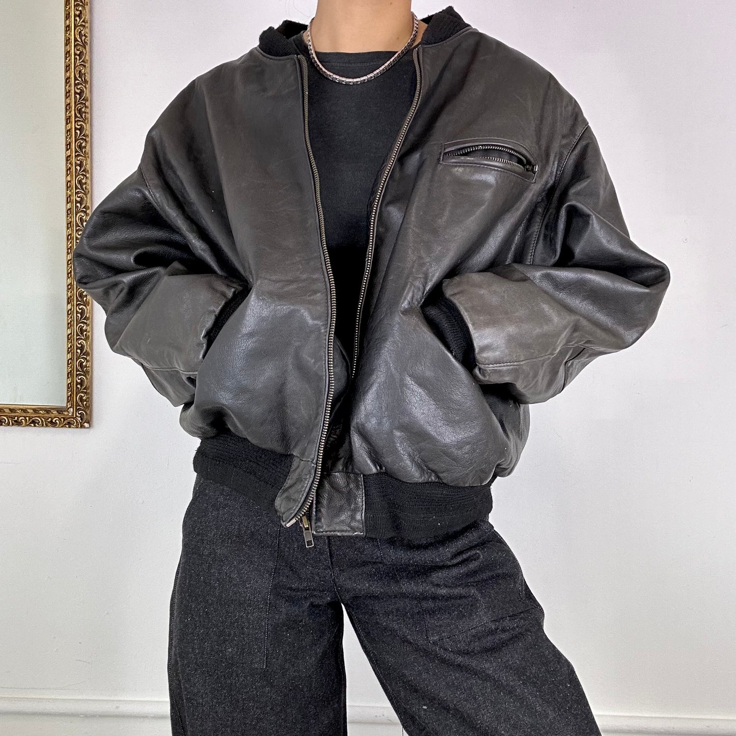 black leather bomber jacket