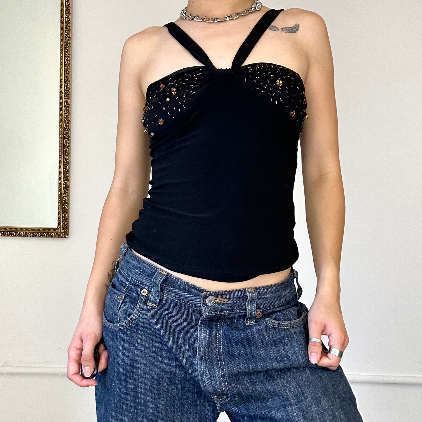 black sequinned strappy top