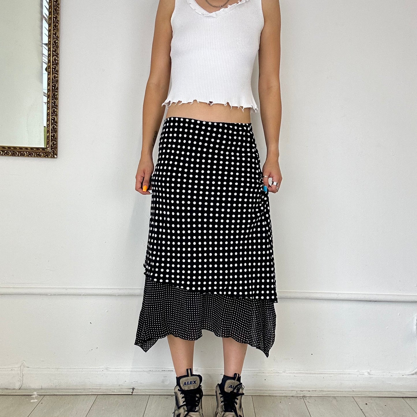 2000s black and white polka dot skirt