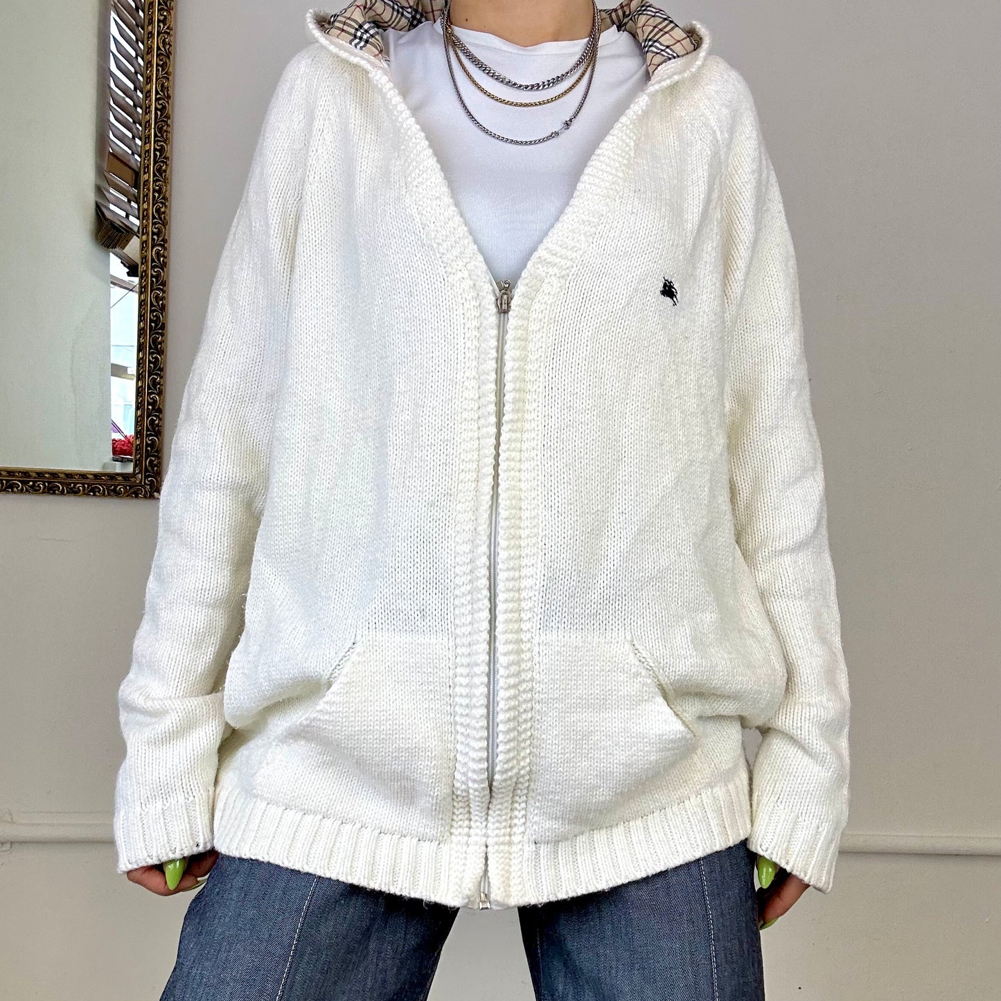 white knitted burberry zip hoodie