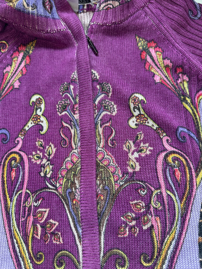 purple floral patterned zip up knitted jumper