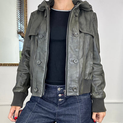 2000's grey double breasted hooded leather jacket