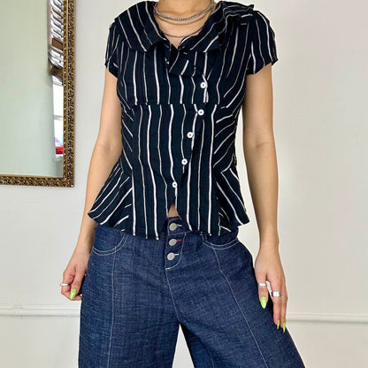 striped asymmetric button up blouse