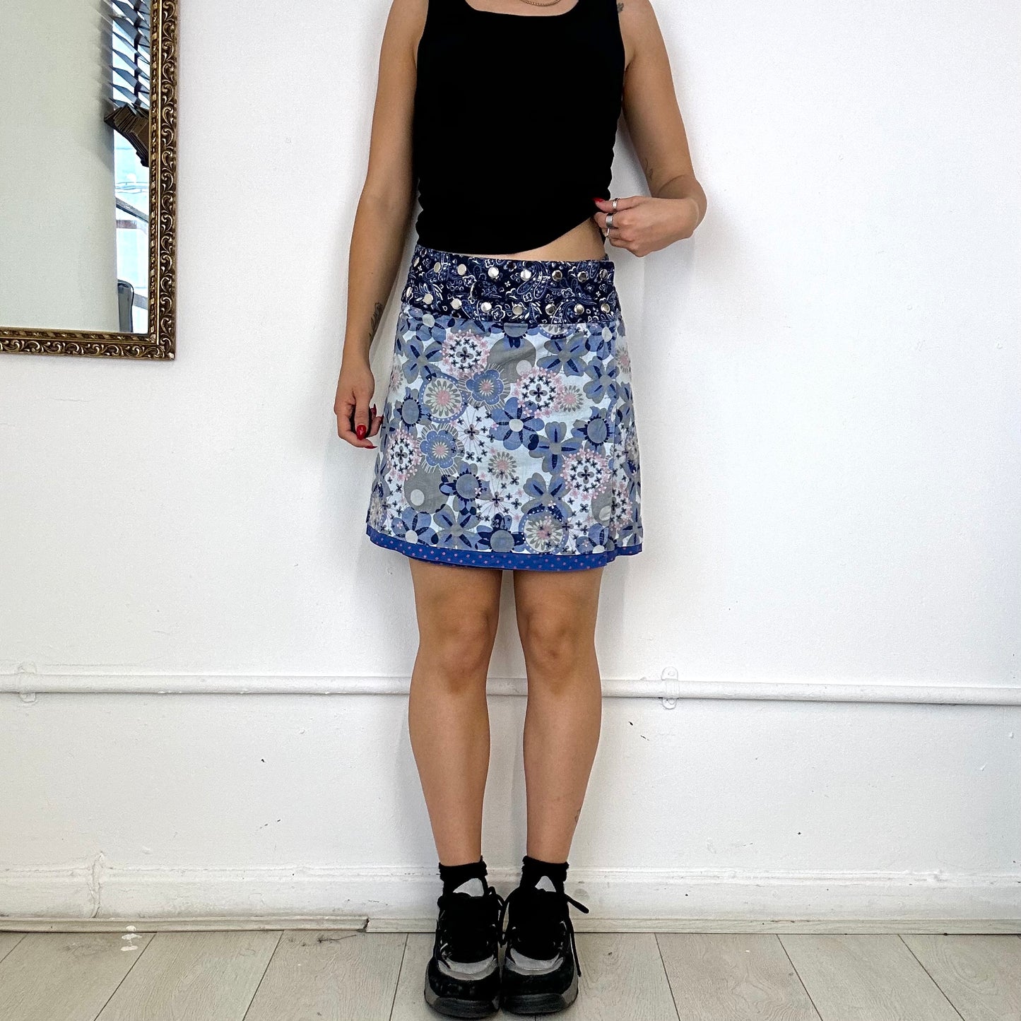 00's blue patterned reversible wrap mini skirt