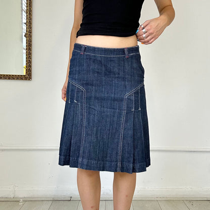 dark denim pleated midi skirt