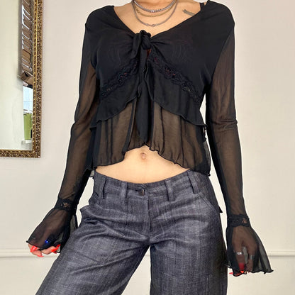 2000's french mesh tie blouse