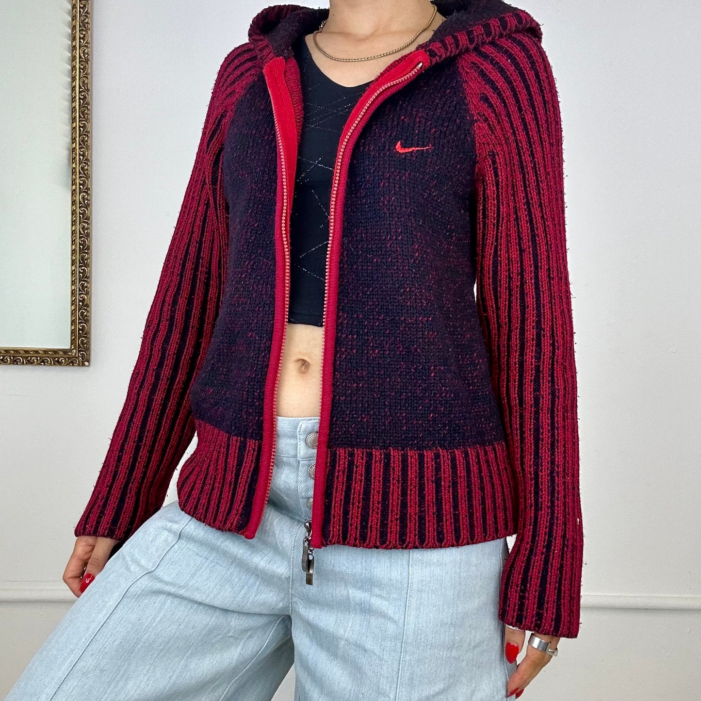 red vintage zip up nike knit jumper