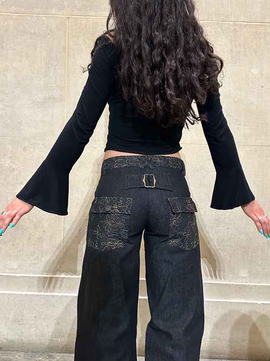 the slouch in embroidered charcoal denim