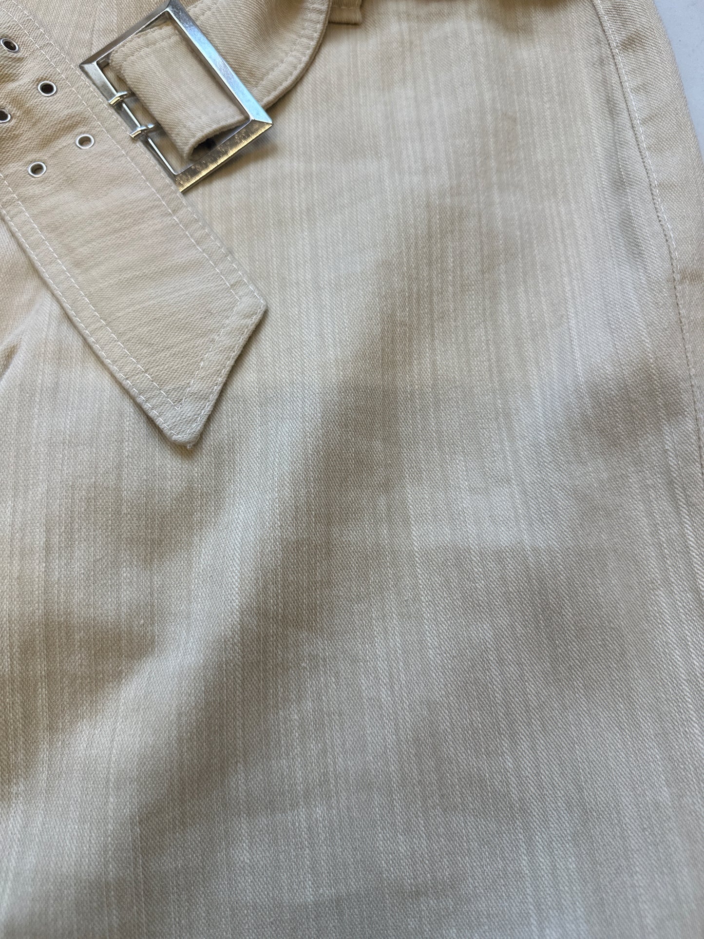 beige striped linen flared trousers