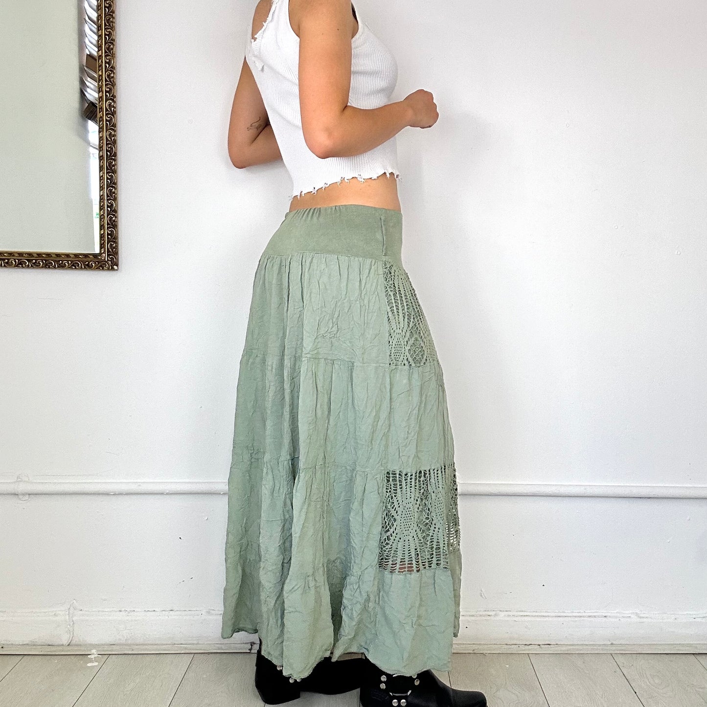 green tiered maxi skirt